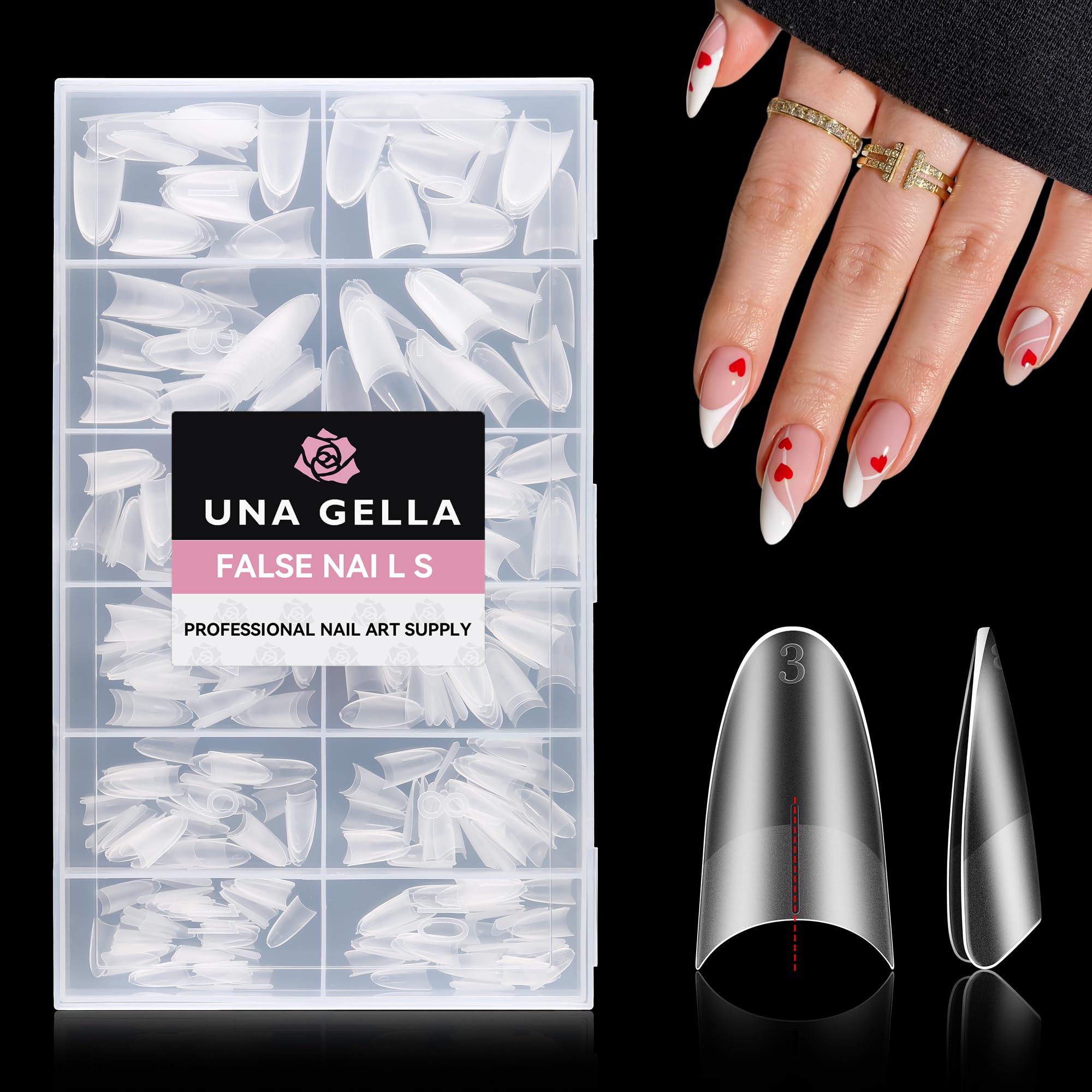 UNA GELLA tips amandes medium – 504 pièces, tenue longue durée et fini clair.