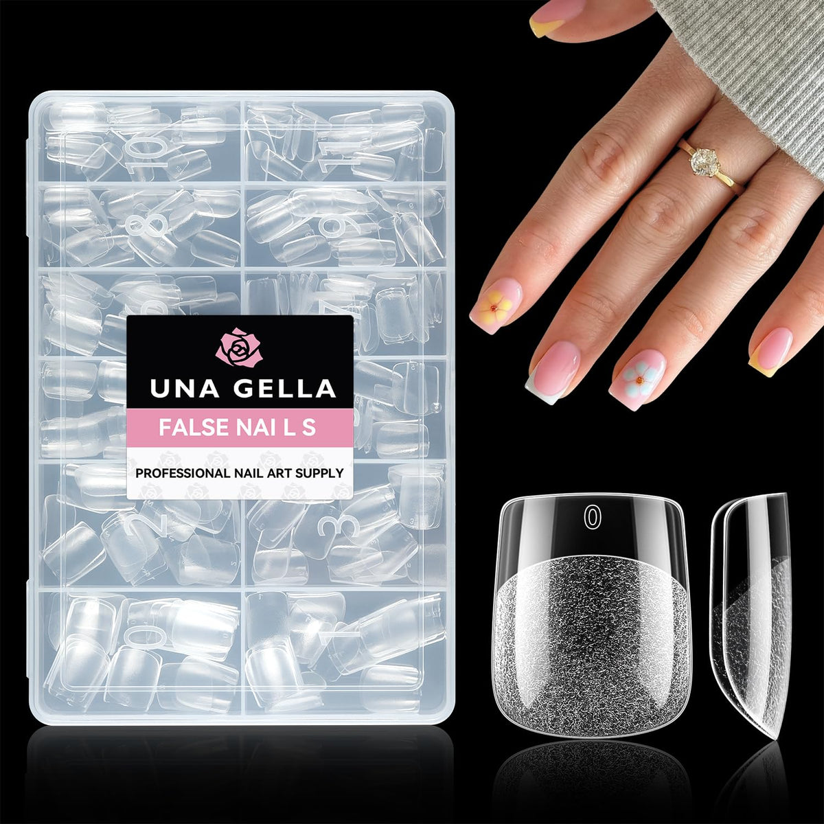 UNA GELLA – Emballage des tips ongles carré extra-short, prêt pour usage rapide.