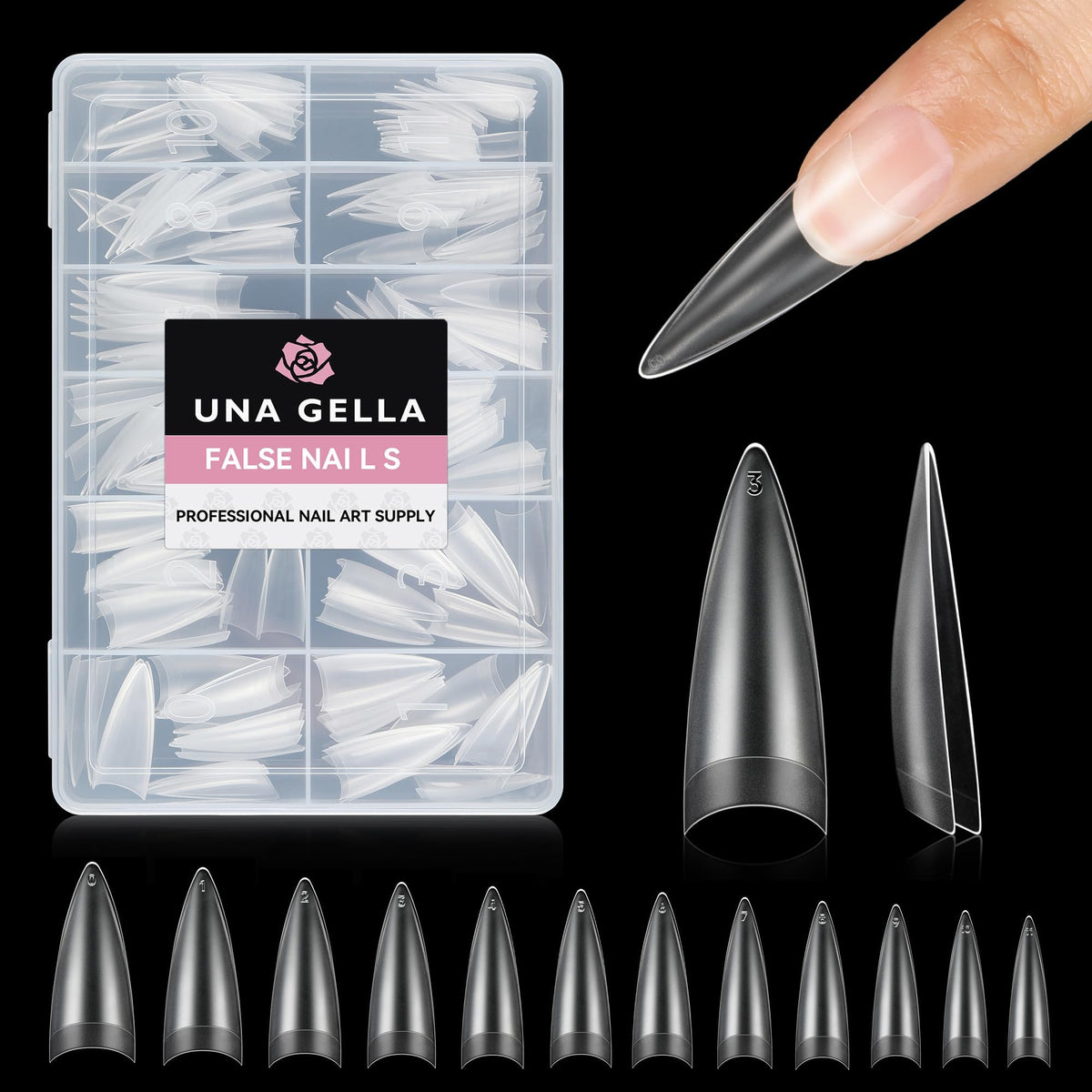 UNA GELLA tips stiletto clairs, faciles à poser et durables.