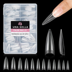 UNA GELLA tips stiletto clairs, faciles à poser et durables.