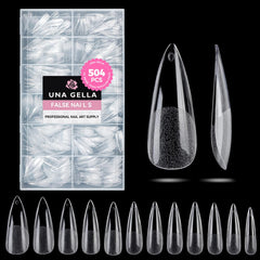 Ongles UNA GELLA, pointes stiletto longues transparentes pour une extension nette.