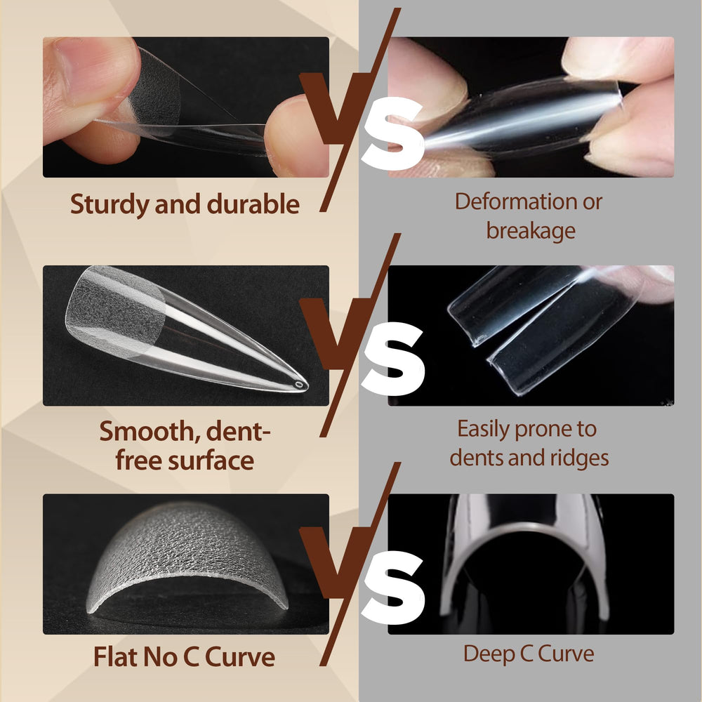 Ongles stiletto clairs UNA GELLA sans trace lors de la flexion.