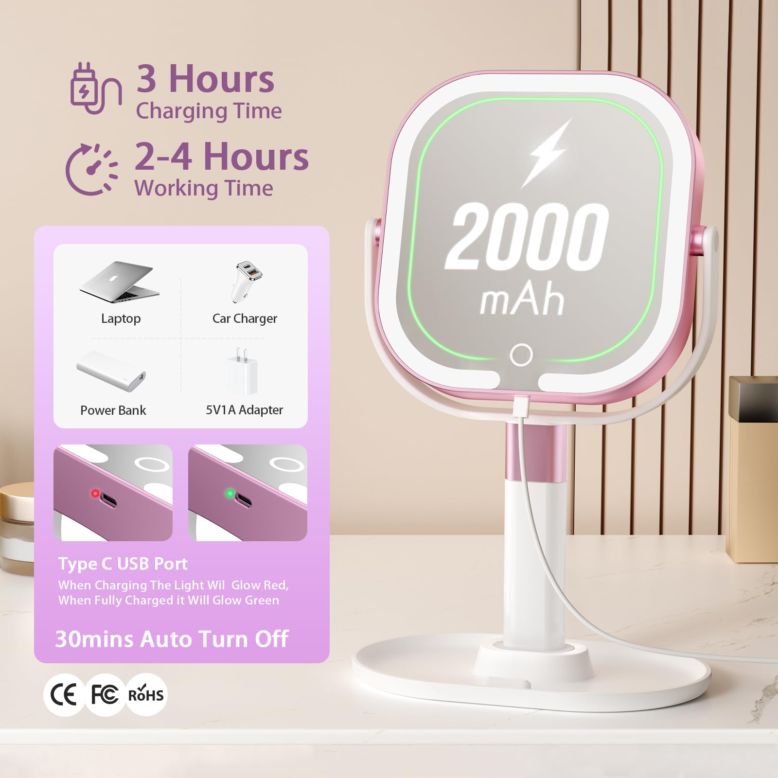 Batterie de 2000mAh du miroir Unbednigt offrant une autonomie sans fil