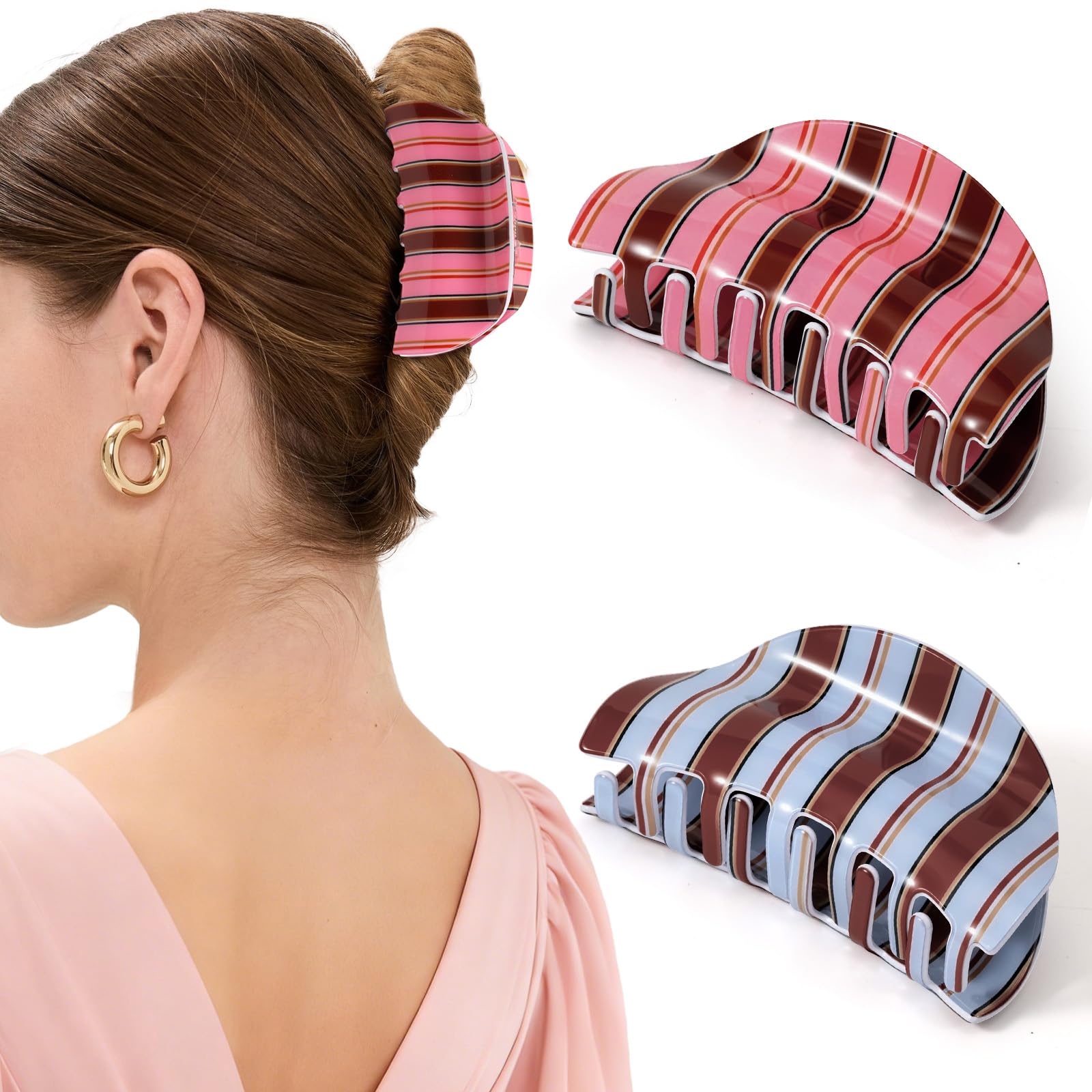 Pinces Unbednigt pour cheveux moyens avec rayures bleu-rose, maintien sécurisé toute la journée.