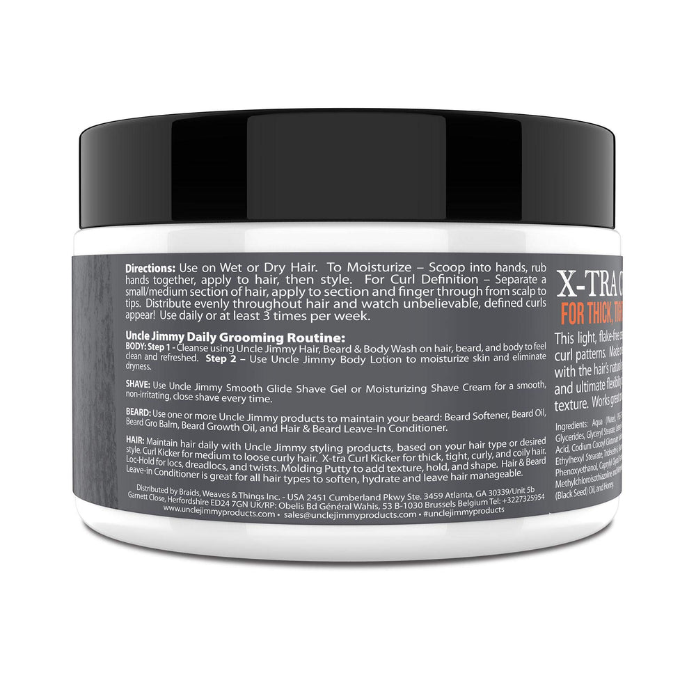 Uncle Jimmy X-TRA Curl-Kicker packaging-front shows the 8oz jar for daily use