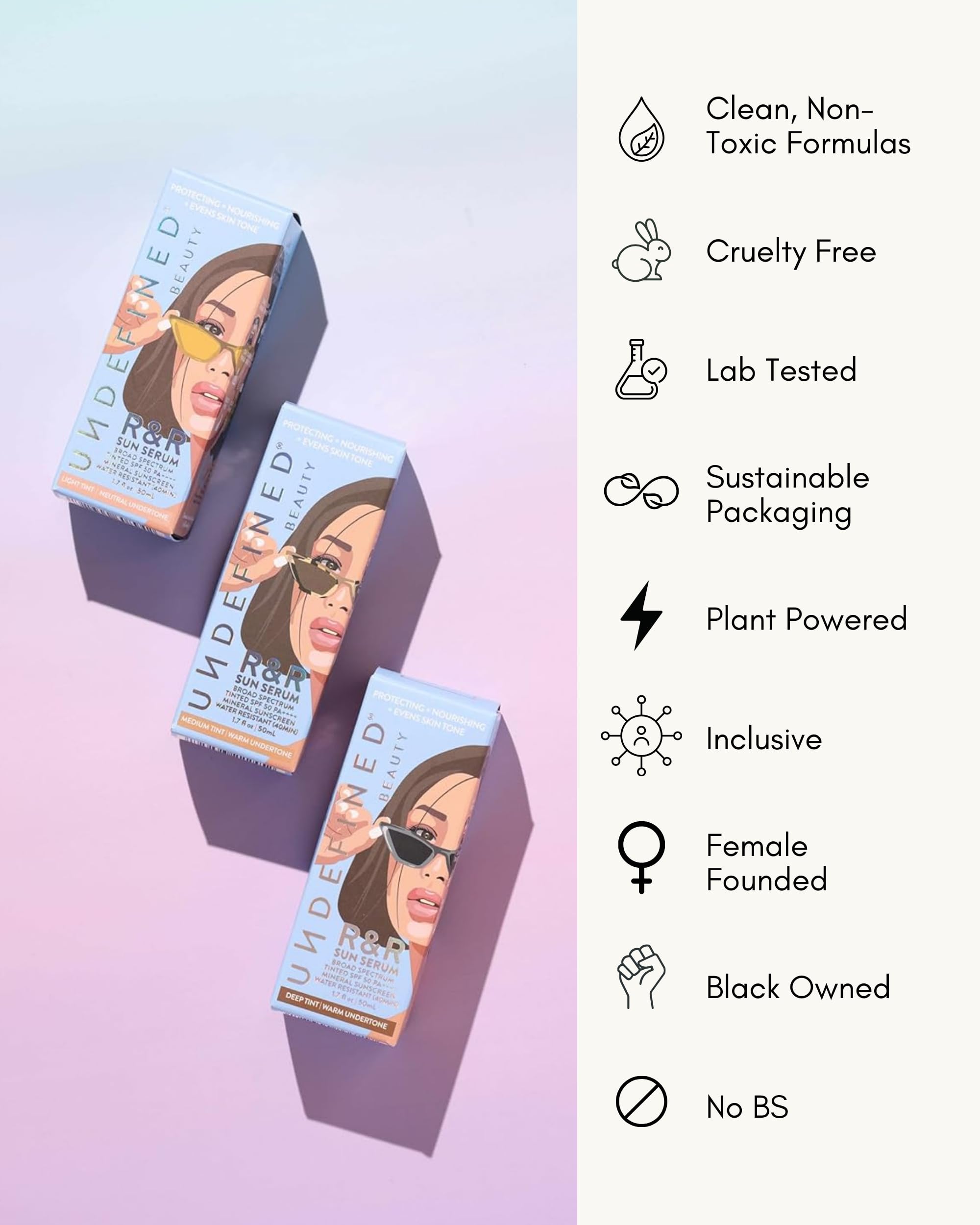 Undefined Beauty R&R Sun Serum Sans silicone, formule propre et non comédogène.