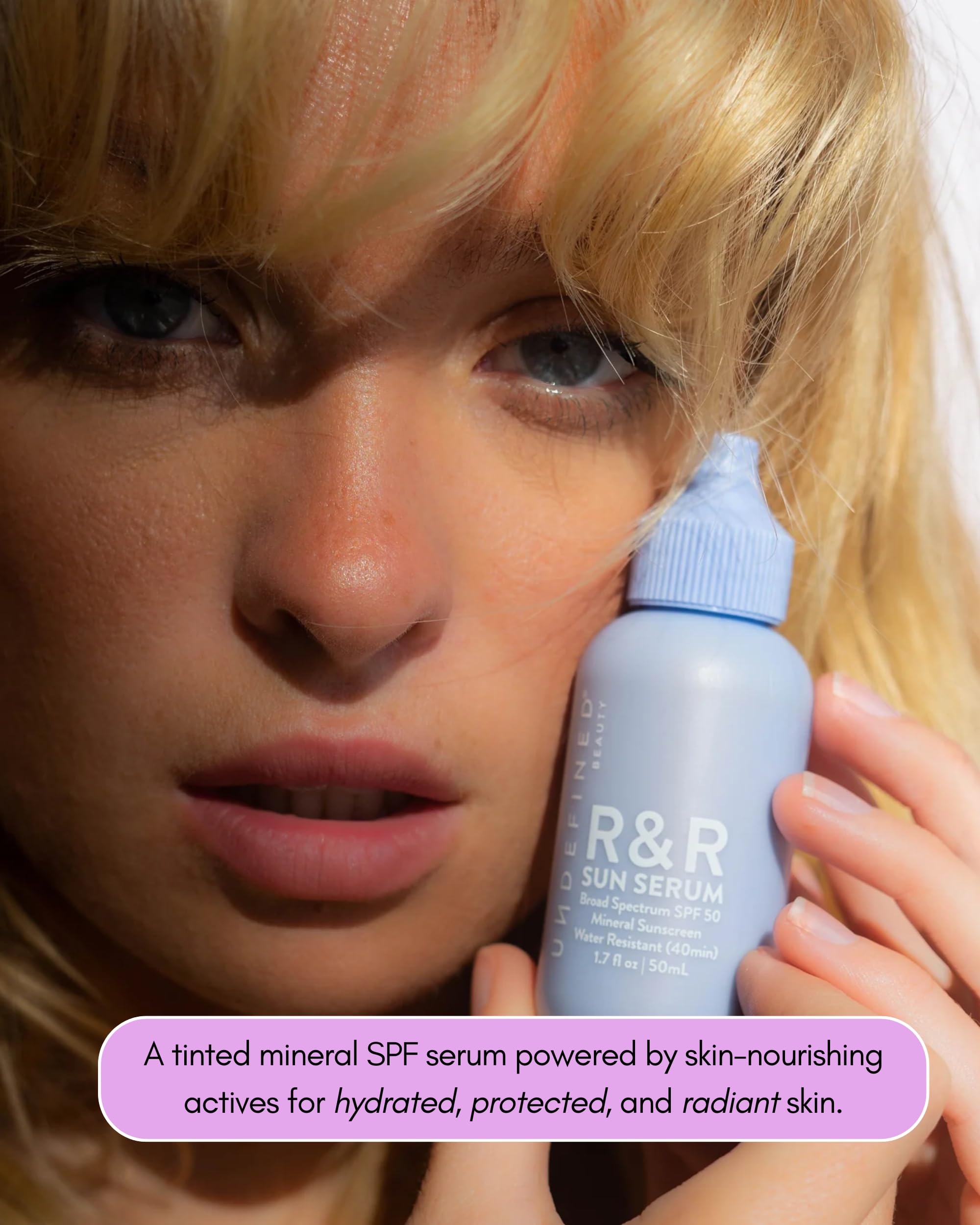 Undefined Beauty R&R Sun Serum SPF 50 teinte foncée, couvrance harmonieuse et peau unifiée.