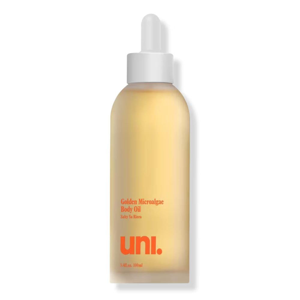 uni. huile corporelle microalgues dorées – bouteille visible, hydratation douce après la douche