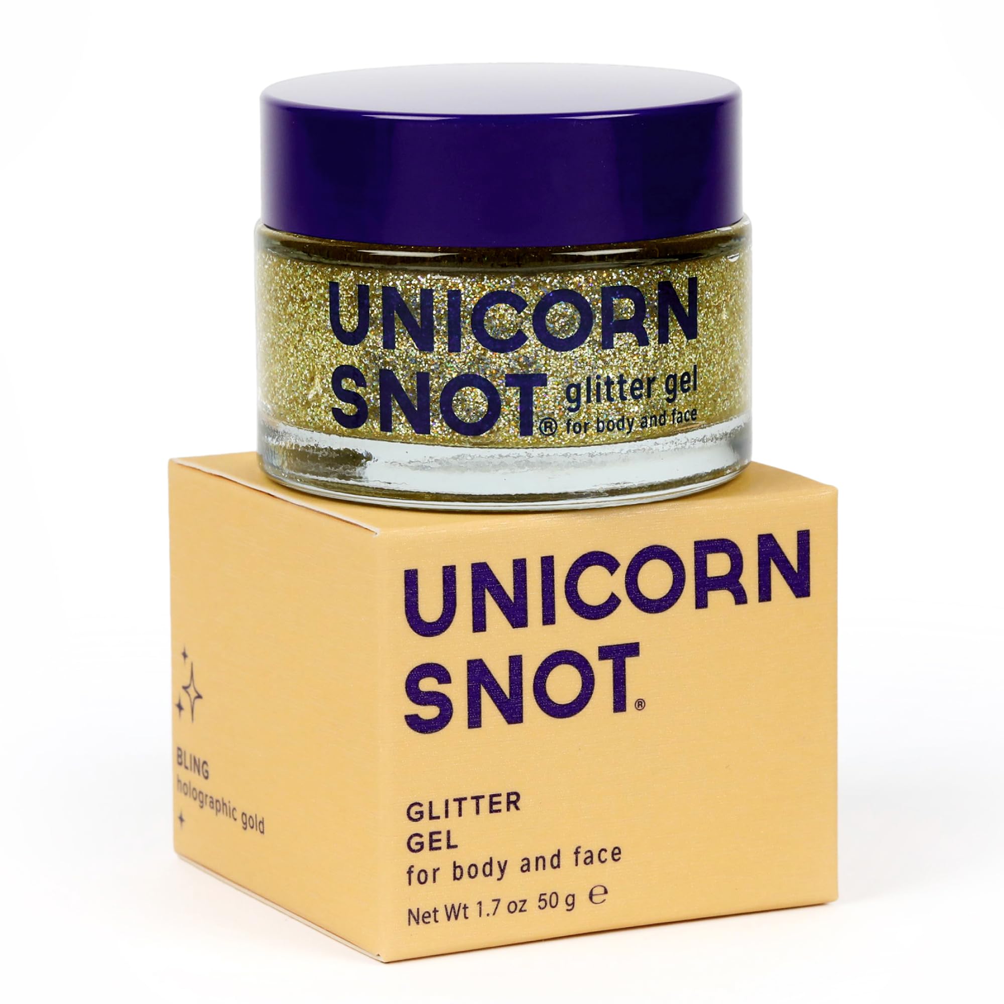 UNICORN SNOT gel pailleté holographique sur visage et corps pour un éclat durable.