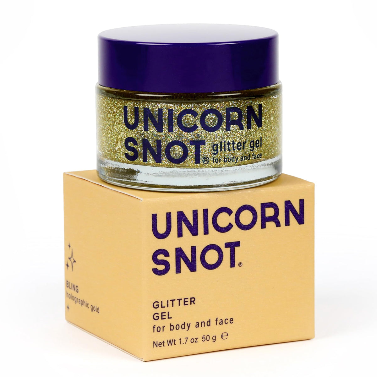 UNICORN SNOT gel pailleté holographique sur visage et corps pour un éclat durable.