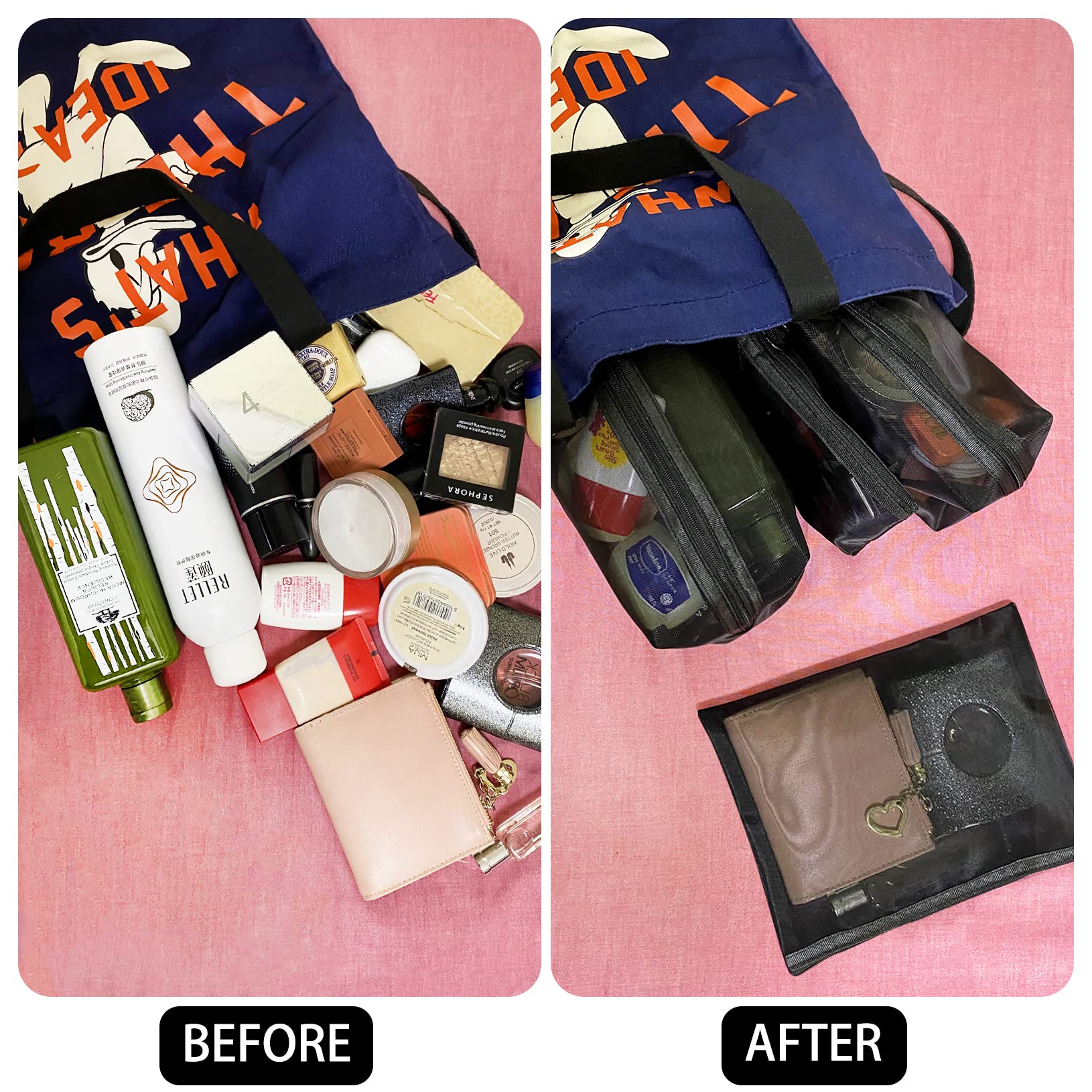Unoutur étui maillage cosmétique, usage polyvalent pour maquillage et accessoires.