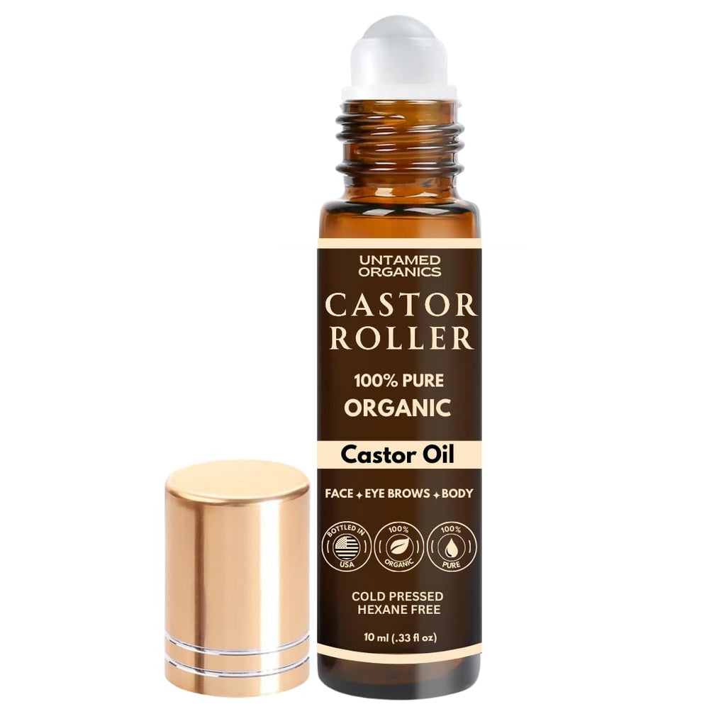 Untamed Organics Huile de ricin Roll-On, flacon verre, application précise et propre.