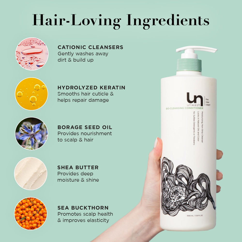 Cheveux hydratés et souples après l'utilisation d'Unwash Bio-Cleansing Conditioner.
