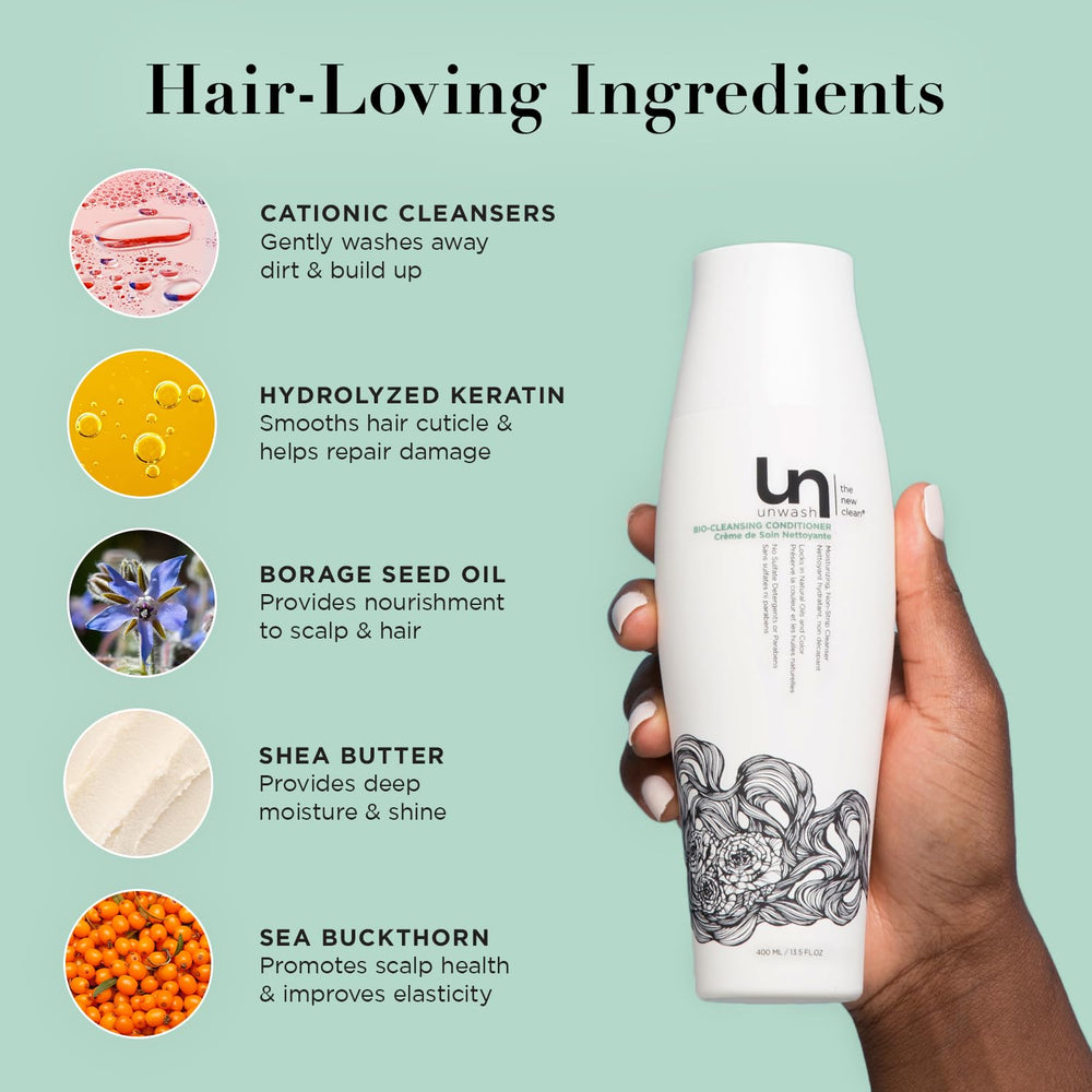 Unwash Bio-Cleansing Conditioner, démonstration d’application sur cheveux: volume et douceur.
