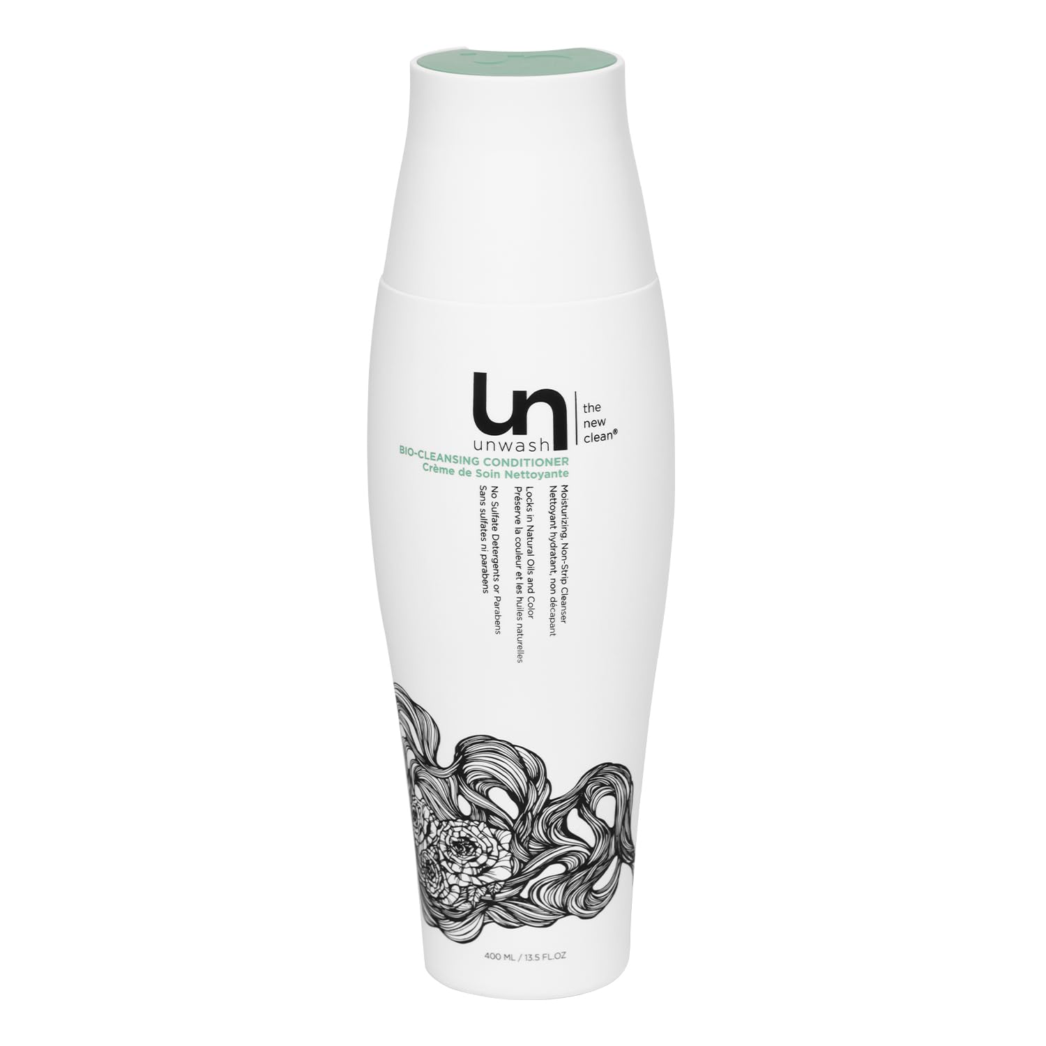 Unwash Bio-Cleansing Conditioner, bouteille: hydratation douce pour cheveux bouclés.