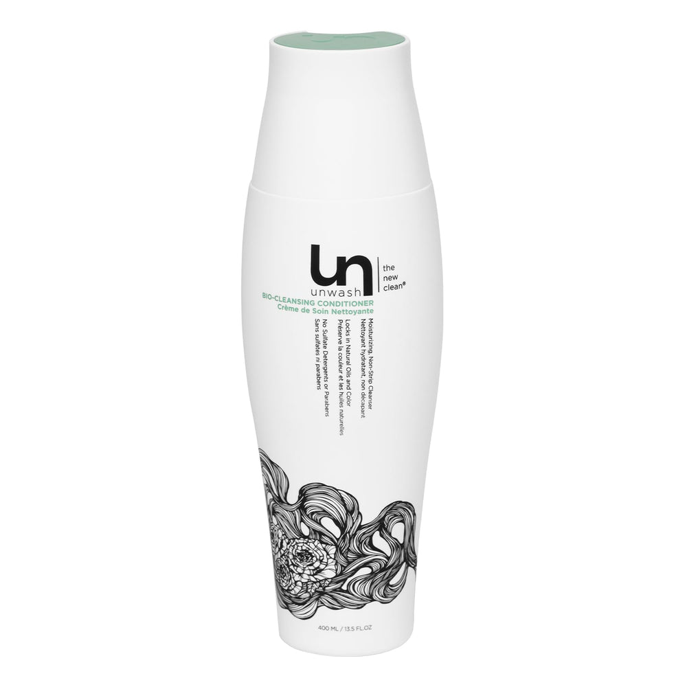 Unwash Bio-Cleansing Conditioner, bouteille: hydratation douce pour cheveux bouclés.