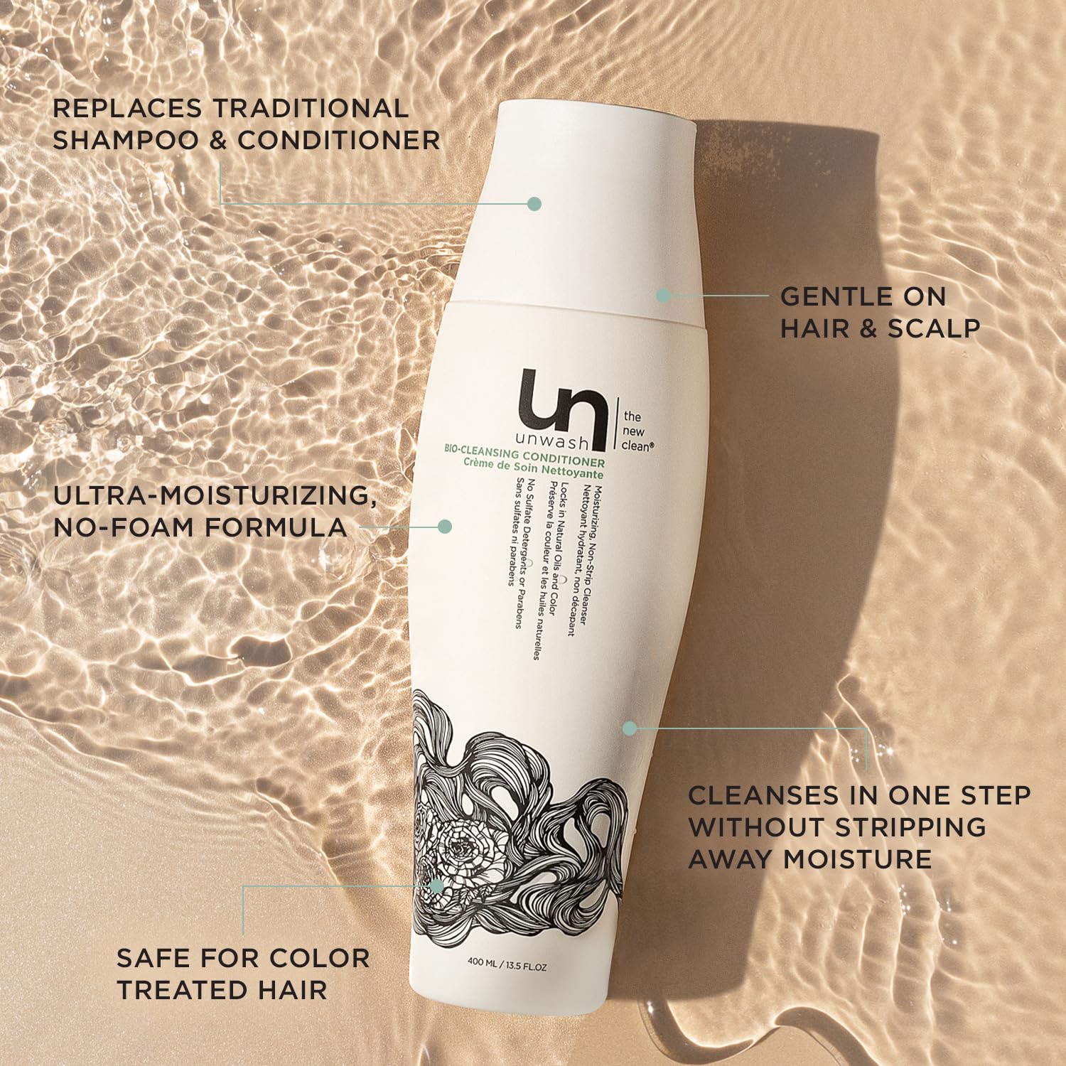 Unwash Bio-Cleansing Conditioner, texture crème: démêlage facile et douceur durable.