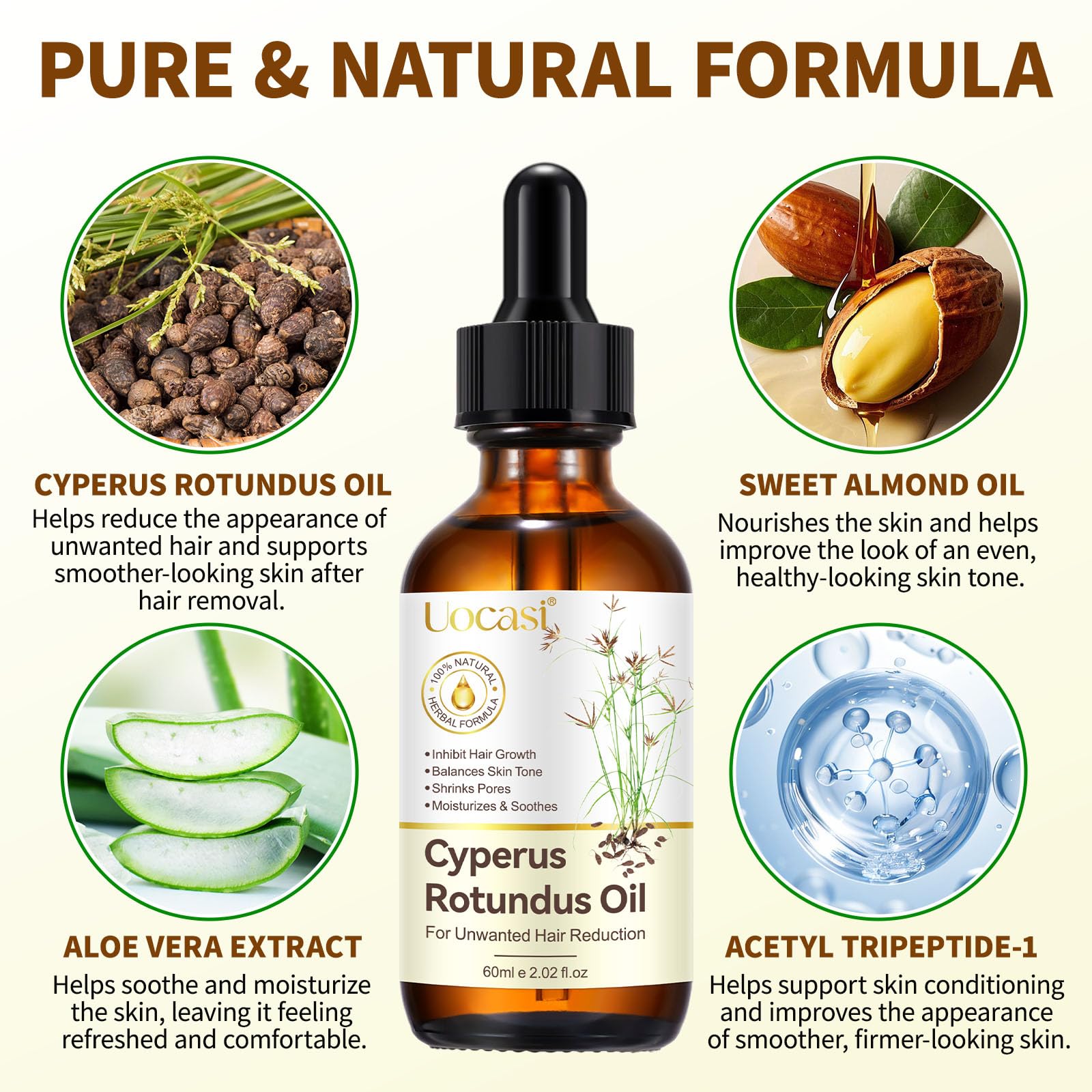 Application sur peau avec l'huile Uocasi Cyperus Rotundus après épilation pour plus de confort.