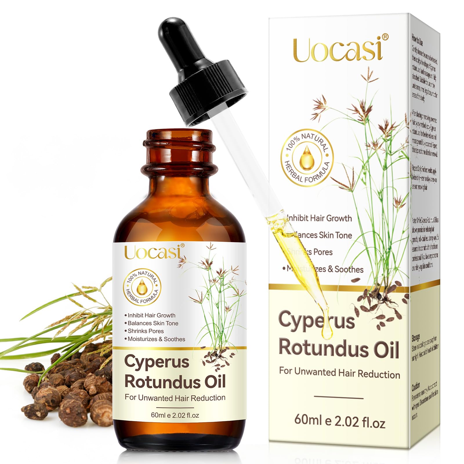 Uocasi huile Cyperus Rotundus bouteille: soin naturel pour peau douce et prête pour l'épilation.