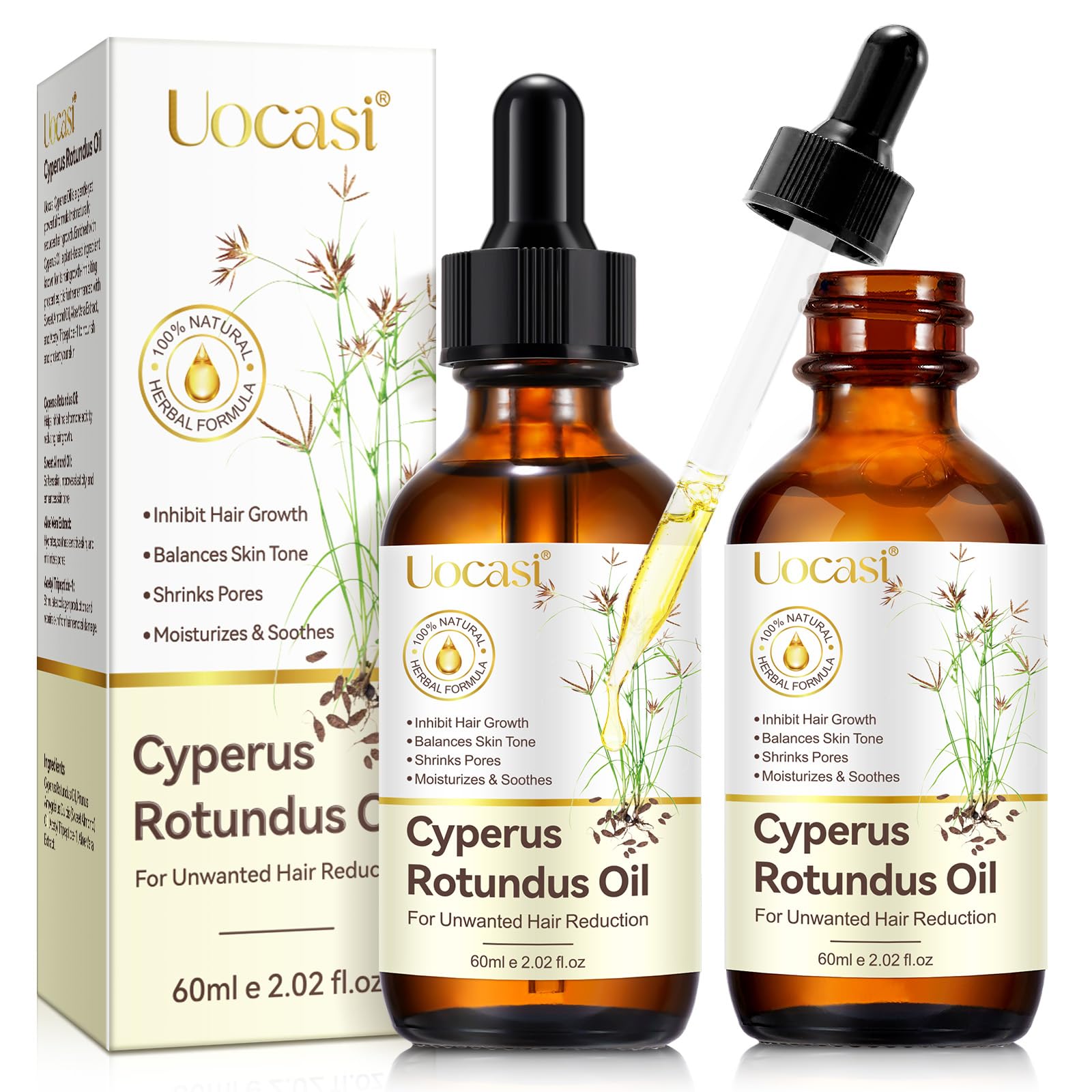 Huile Uocasi Cyperus Rotundus dans sa bouteille, soin hydratant léger pour la peau.