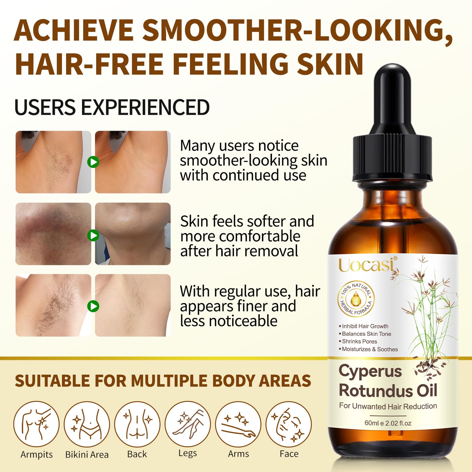 Peau plus lisse après utilisation de l'huile Uocasi Cyperus Rotundus.