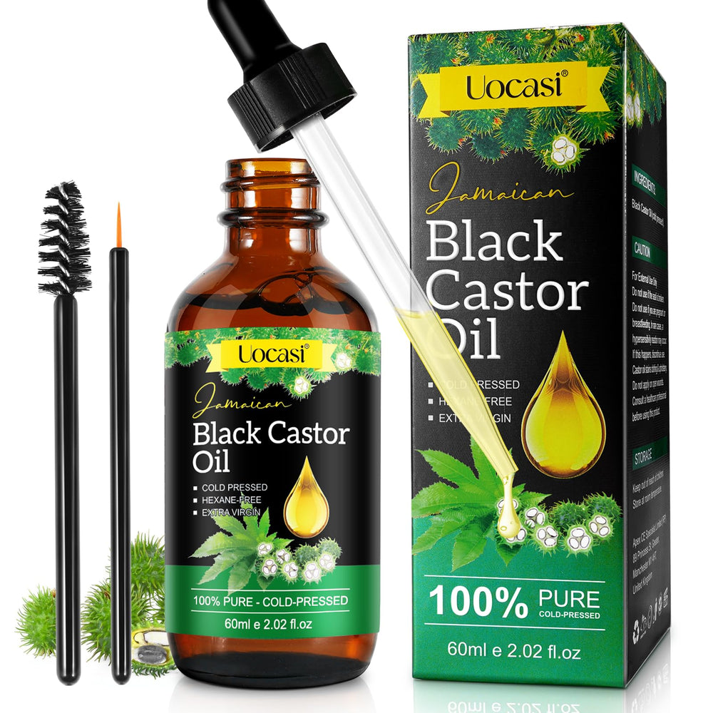 Huile de ricin noire jamaïcaine Uocasi en bouteille en verre, pure et naturelle.
