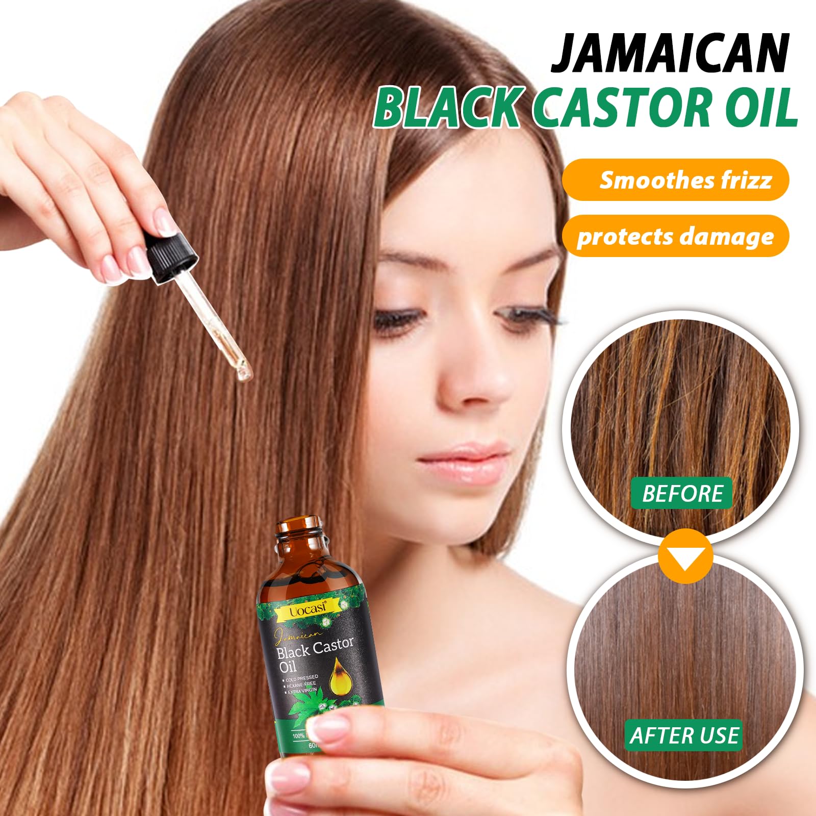 Soin capillaire Uocasi: cheveux plus forts et revitalisés grâce à l'huile noir ricin.