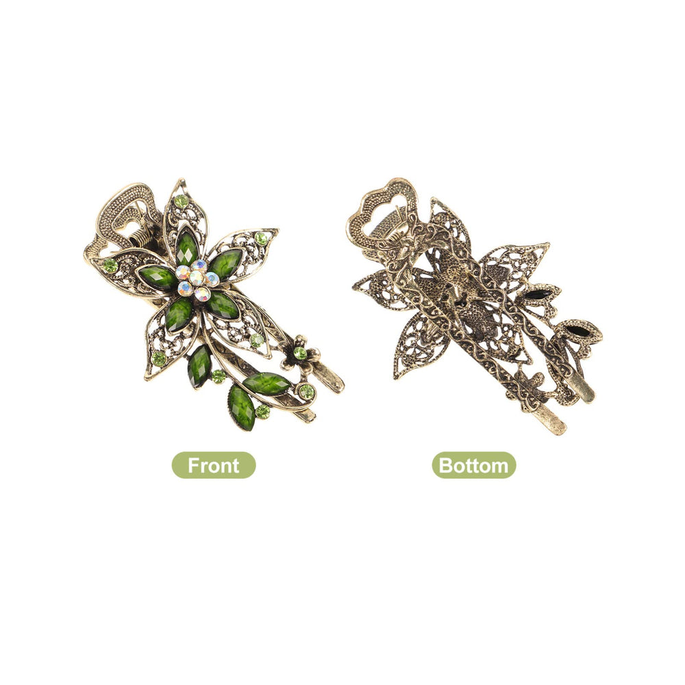 Bijou coiffure fleur verte avec diamants subtils pour fête.