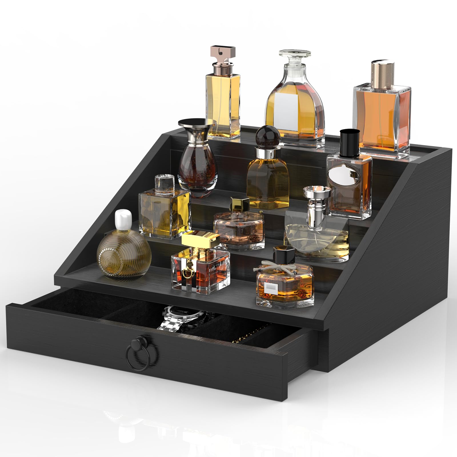 Upcessory organisateur de parfums bois noir 4 niveaux pour un affichage pratique.