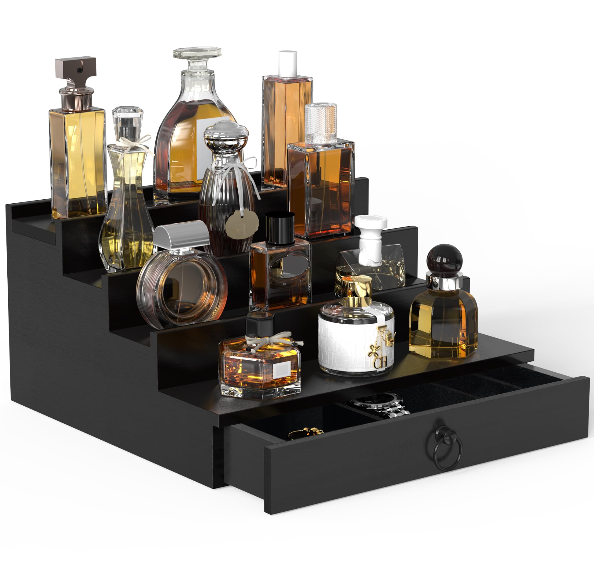 Upcessory organisateur Cologne pour homme, quatre niveaux en bois noir offrant un rangement élégant.