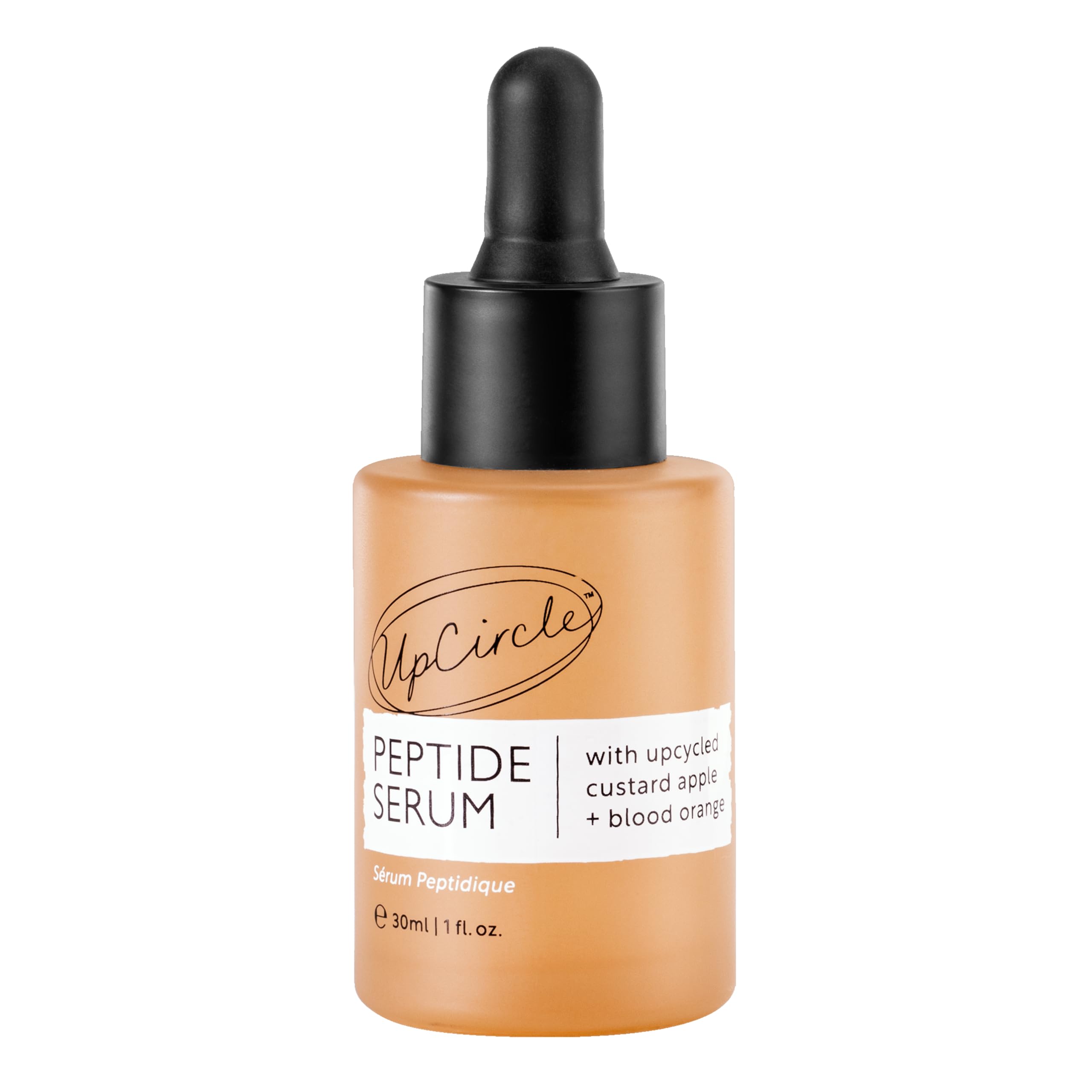 UpCircle sérum peptide, bouteille custard-apple, potentiel raffermissant et hydratant.