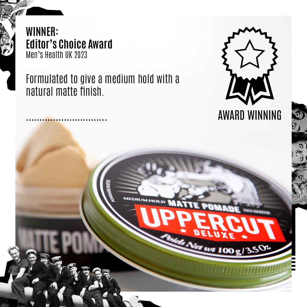 Finition naturelle avec parfum discret crème brûlée de la pomade Uppercut Deluxe.