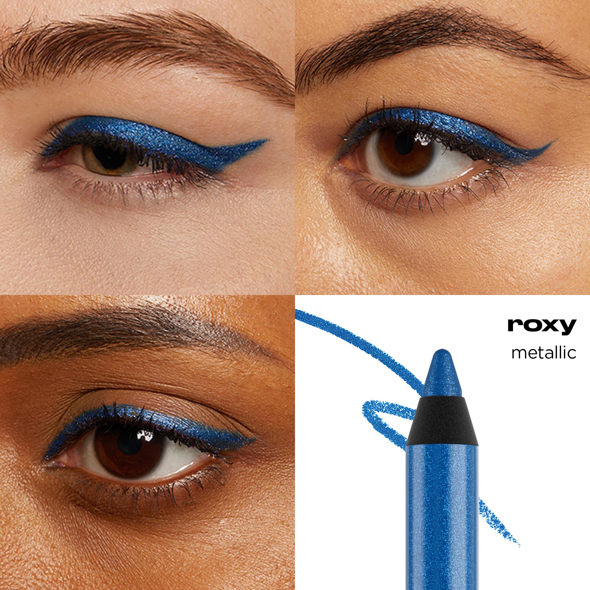 Urban Decay 24/7 Glide-On Roxy bleu métallique, taille-crayon Grind House pour précision.