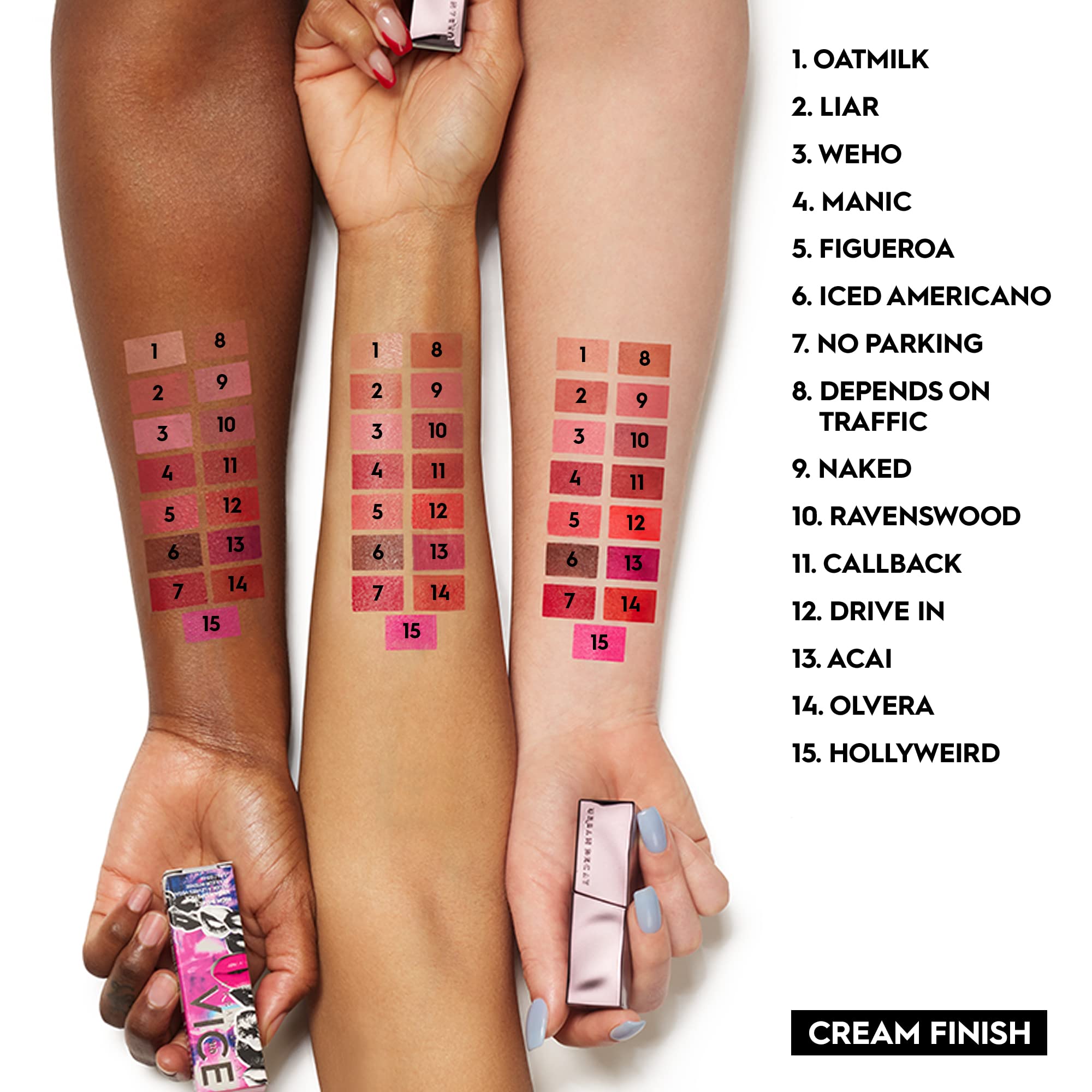 URBAN DECAY Vice Hydrating Lipstick on lips with glossy mauve finish.
