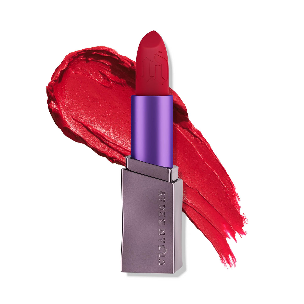 URBAN DECAY Vice : aperçu rouge à lèvres mat sur les lèvres, tenue longue durée.