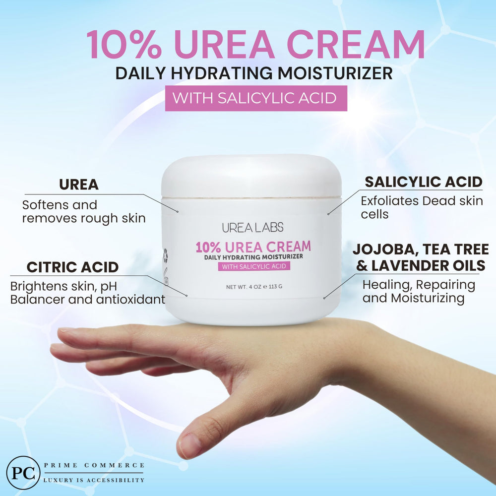 Texture légère de la Crème Urea Labs 10% prête à être absorbée rapidement.