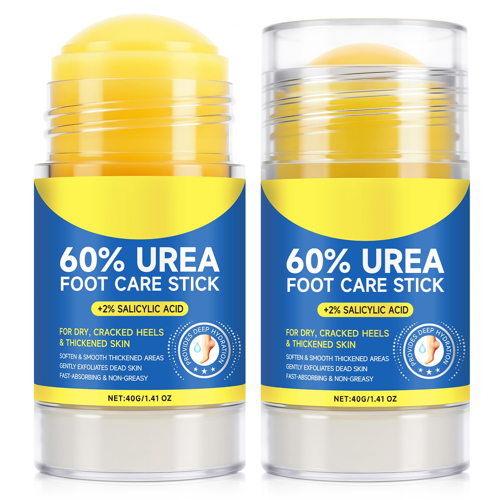 Urée-pieds-stick : application fluide sur talons secs pour hydratation rapide.