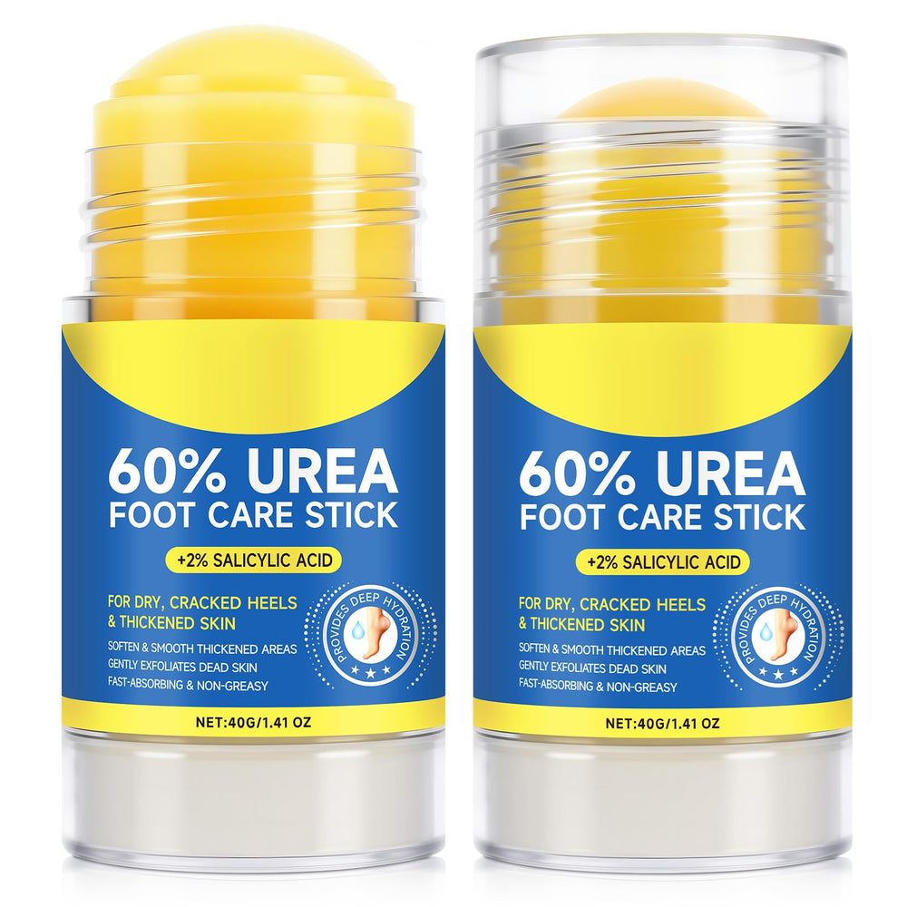 Urée-pieds-stick : application fluide sur talons secs pour hydratation rapide.