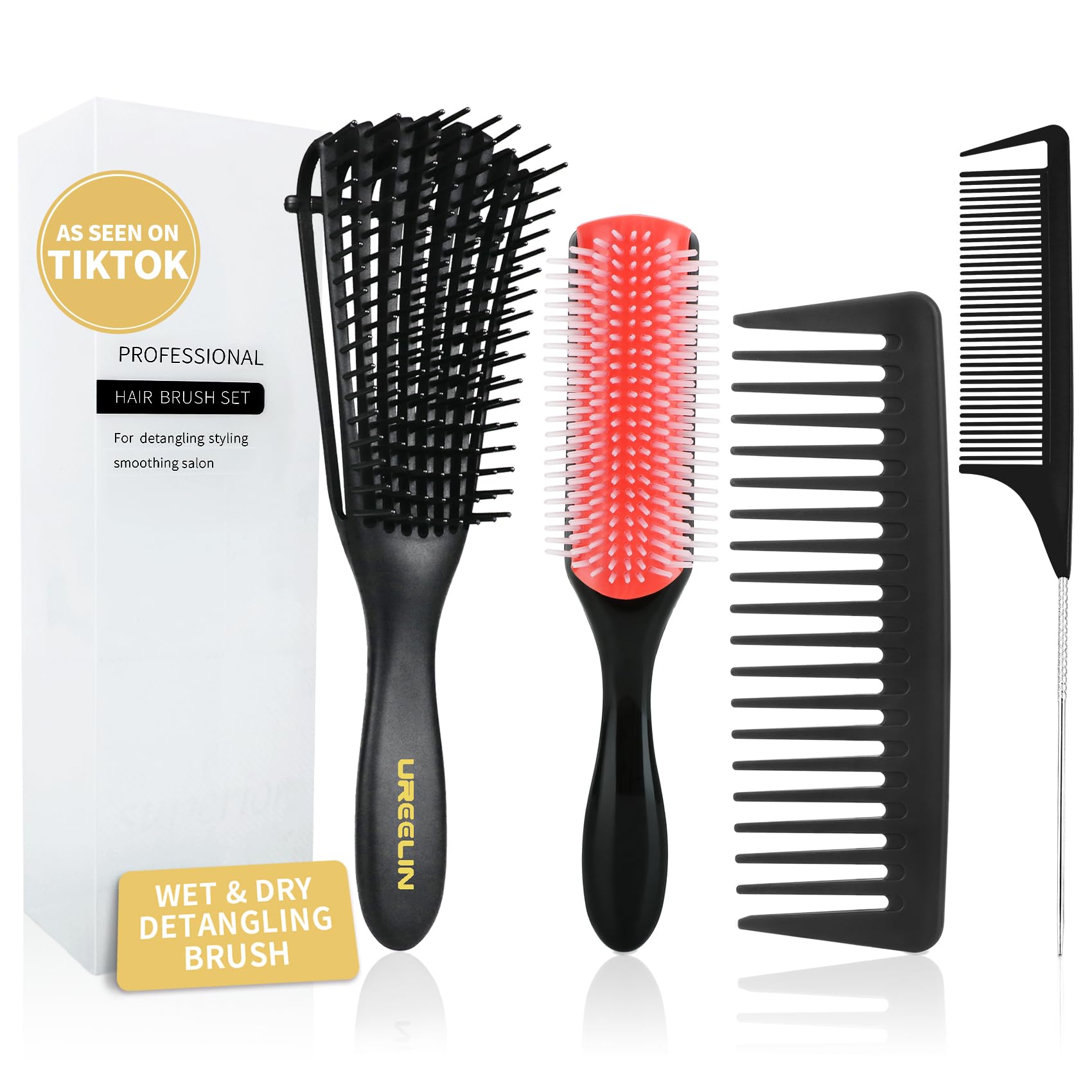 Brosse démêlante UREELIN à 8 rangs pour démêlage en douceur des boucles.