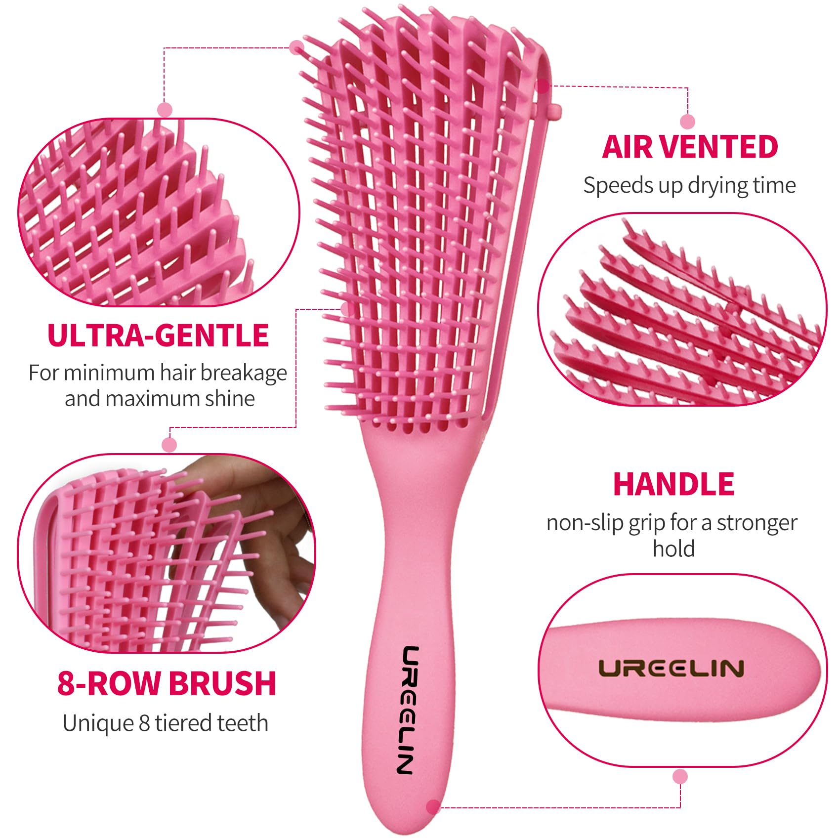 Gros plan sur les dents flexibles de la brosse démêlante UREELIN à 8 rangs.