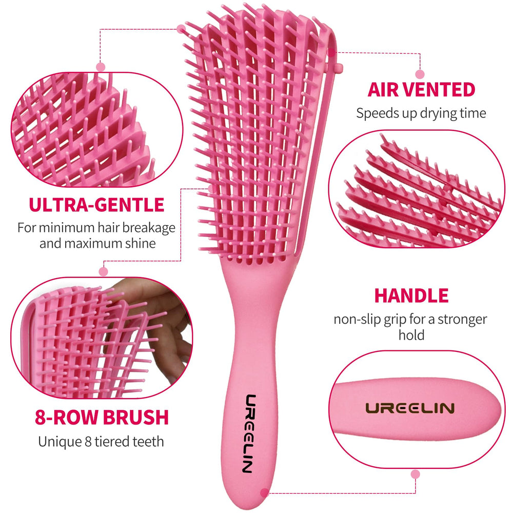 Gros plan sur les dents flexibles de la brosse démêlante UREELIN à 8 rangs.