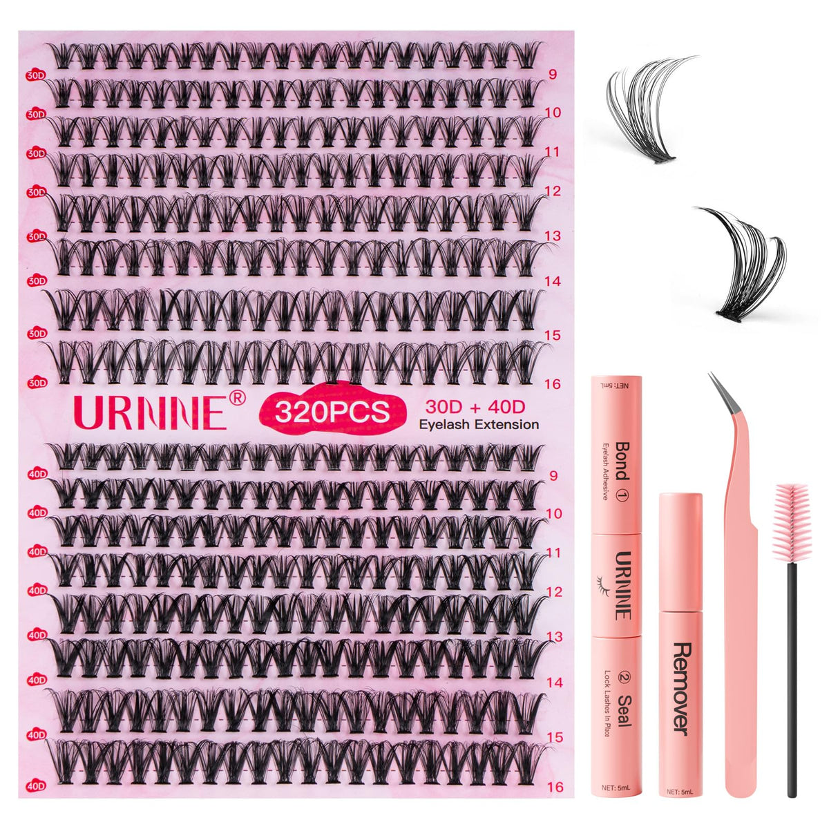 Kit URNNE extension cils 9-16mm, pose à domicile facile et précise.