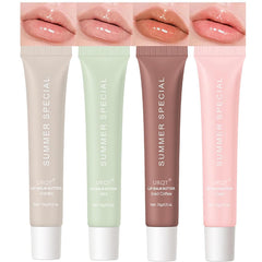 URQT lip butter balm packaging in a bright summer setup for on-the-go hydration.