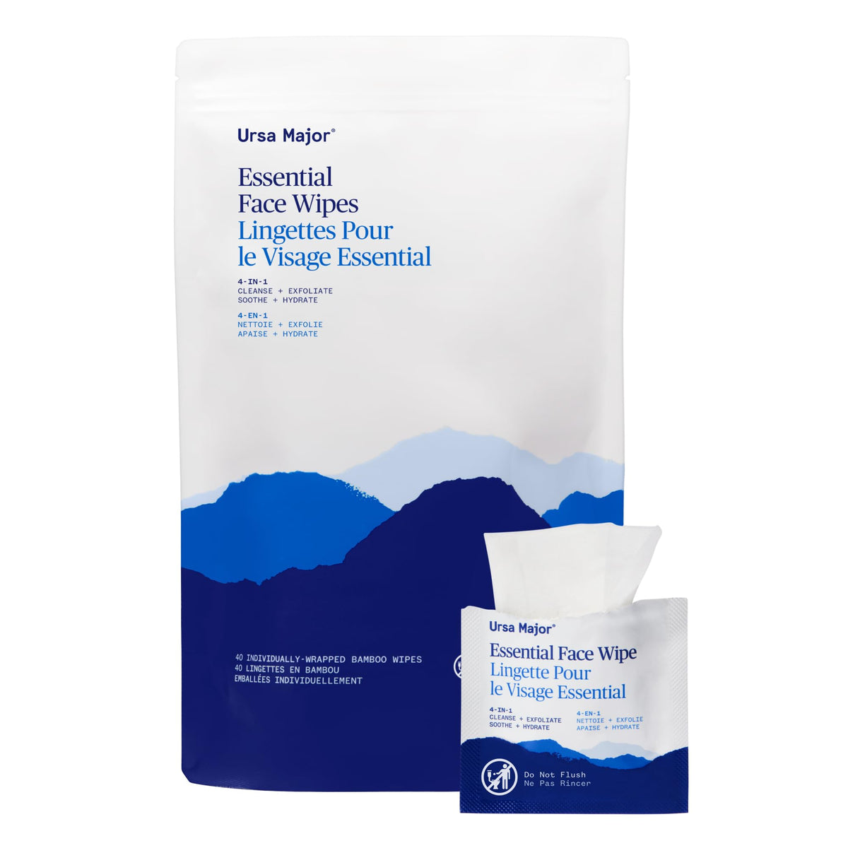 Ursa Major lingettes visage emballage individuel prêt à l'emploi pour le voyage.