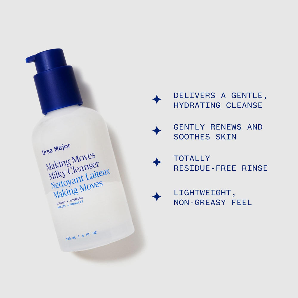 Ursa Major Making Moves Milky Cleanser — arôme gingembre et bergamot pour une sensation tonifiante.