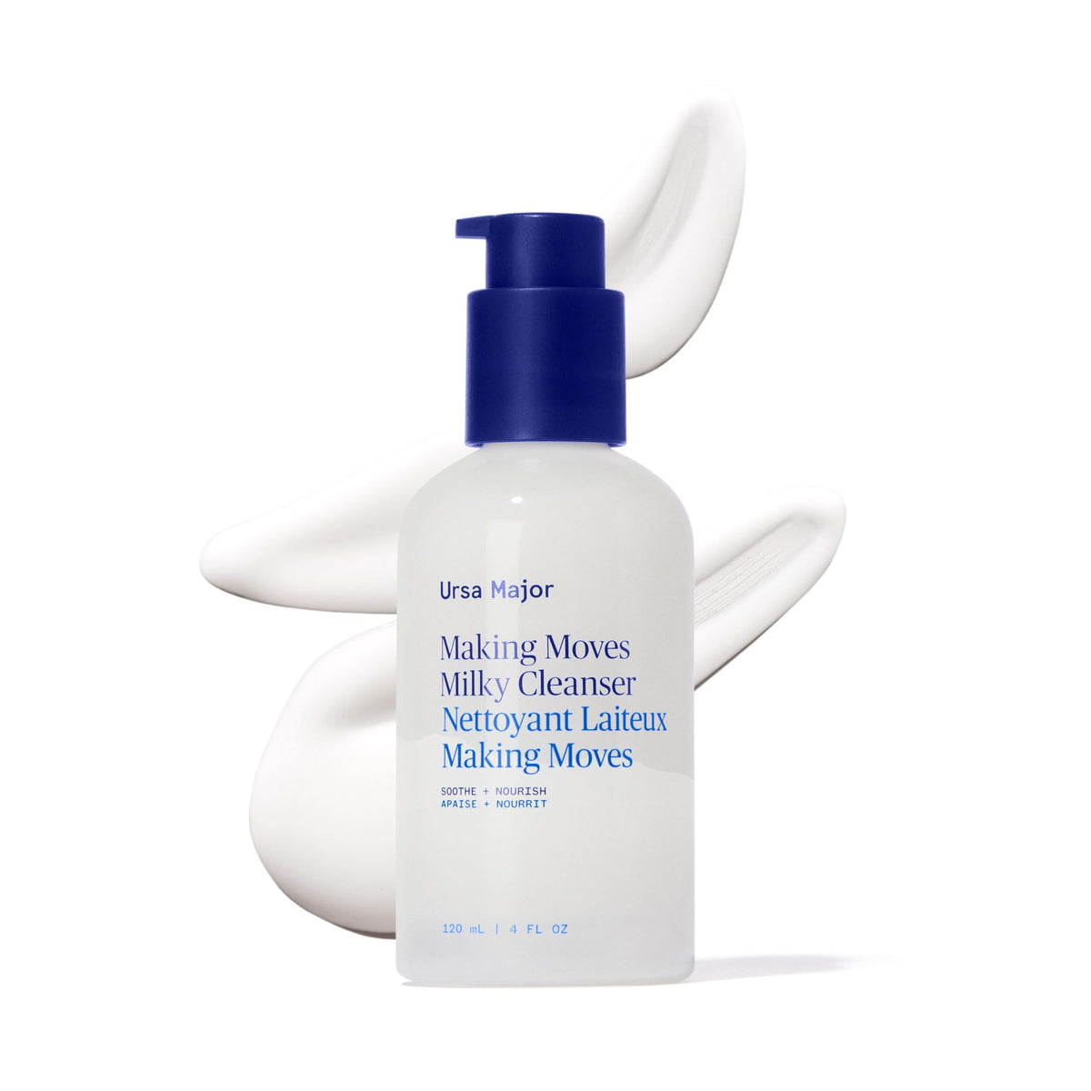 Ursa Major Making Moves Milky Cleanser — flacon verre, nettoyage en douceur pour peau sèche.