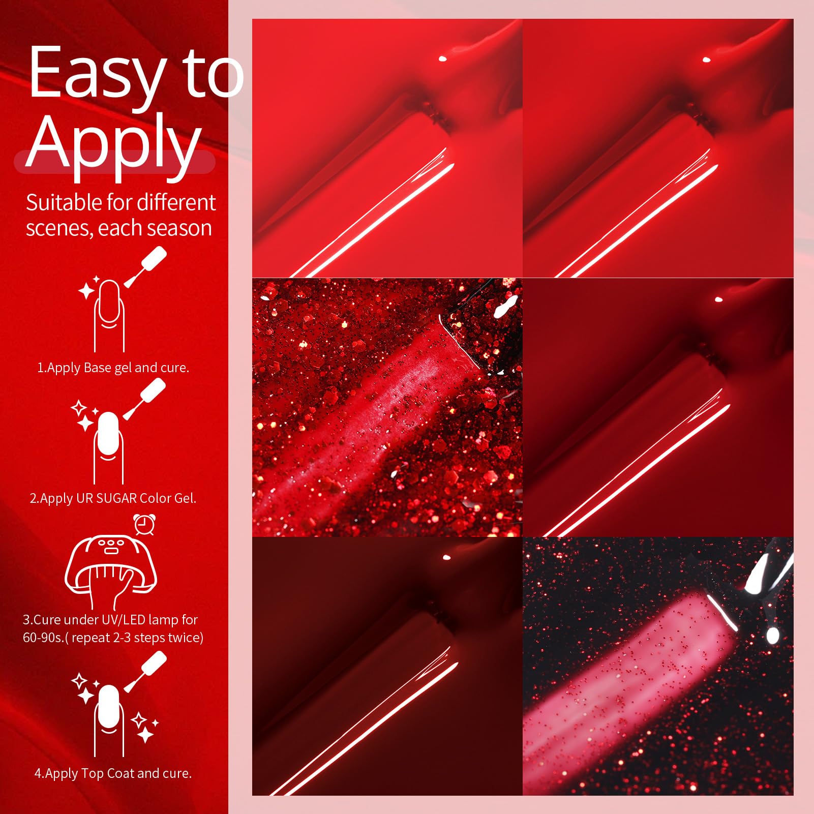UR SUGAR Vernis gel rouge paillettes : effet scintillant et glamour.