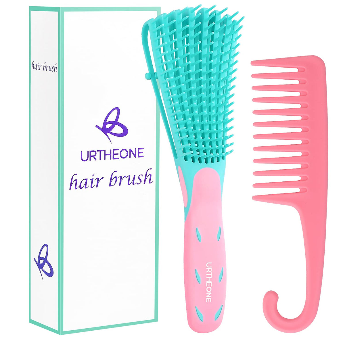 Brosse démêlante URTHEONE rose-vert démêle rapidement les nœuds sans douleur.