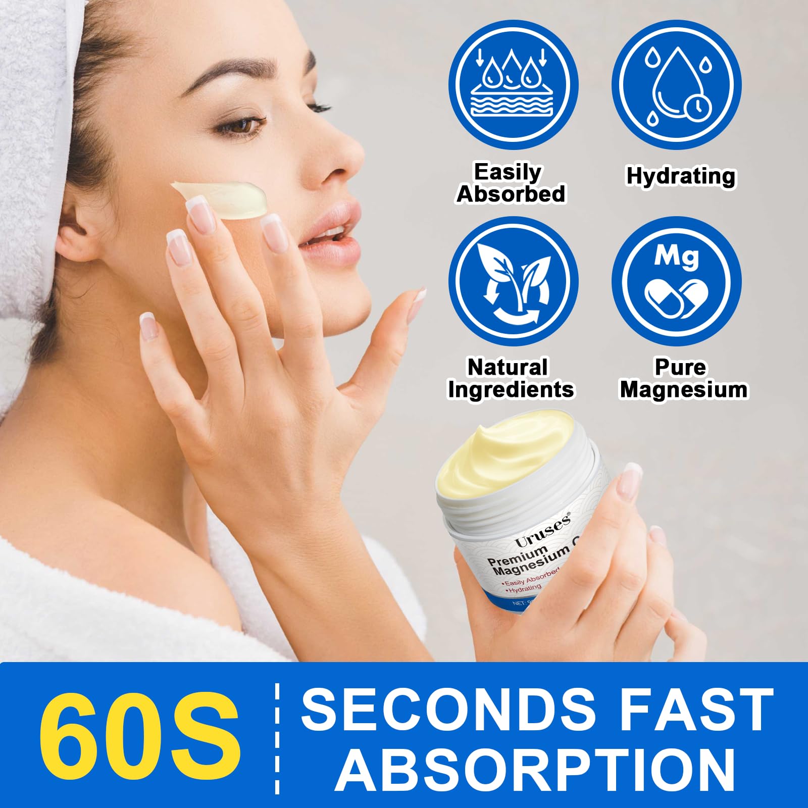 Uruses crème magnésium texture application, absorption rapide après application.
