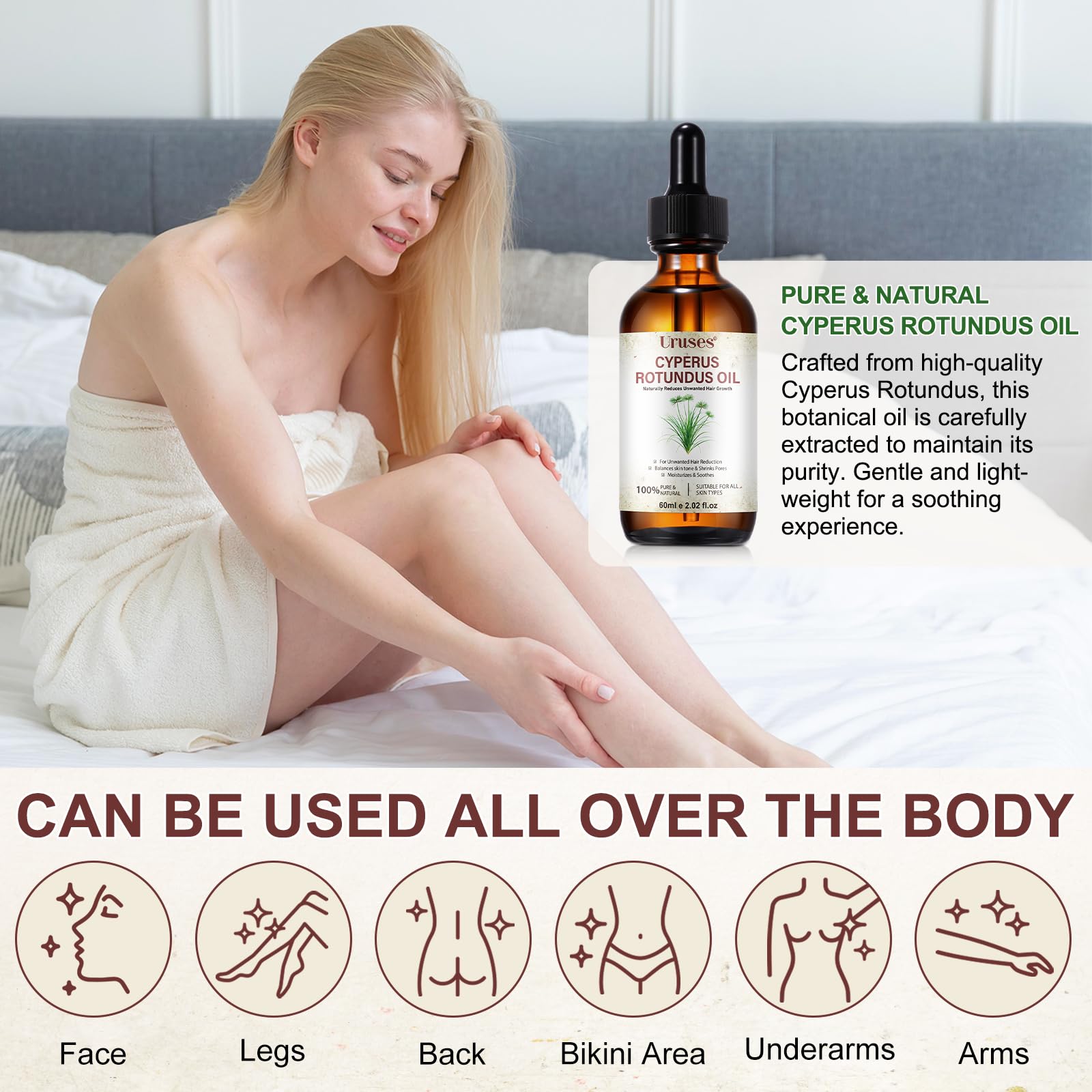 Uruses huile Cyperus Rotundus, composition naturelle pour une routine beauté consciente.